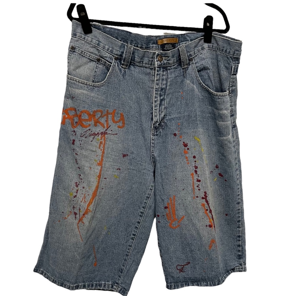 Liberty Graffiti Embroidered Paint Splatter Baggy Fit Jean Shorts Mens Size 40